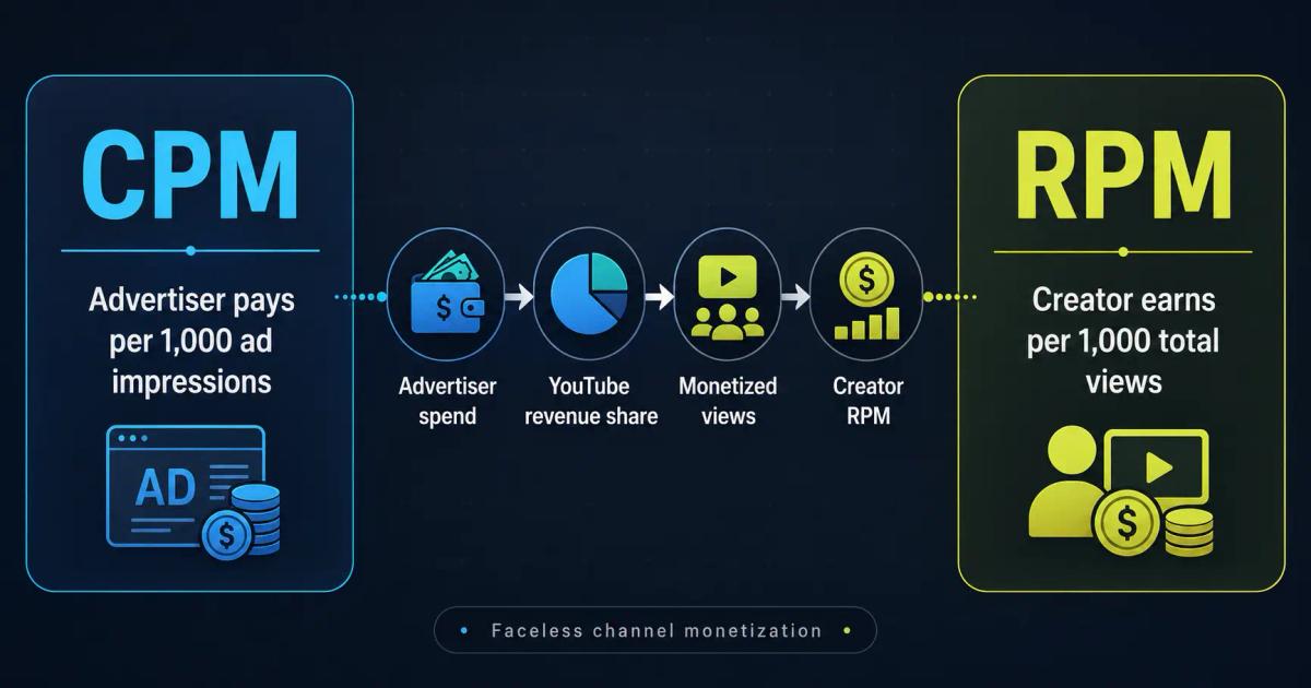 cpm vs rpm youtube explanation for faceless channel monetization