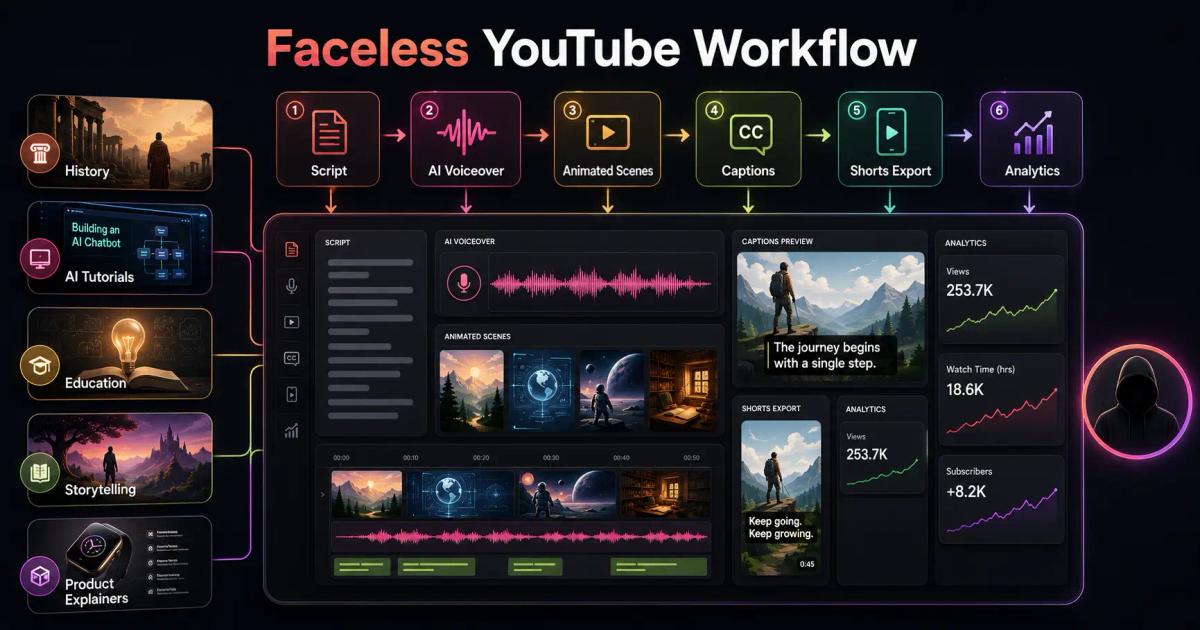 faceless YouTube channel workflow using AI video tools