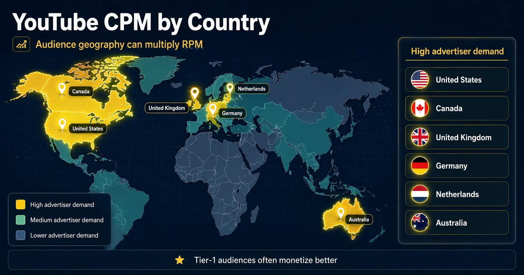 youtube cpm by country tier 1 audience multiplier