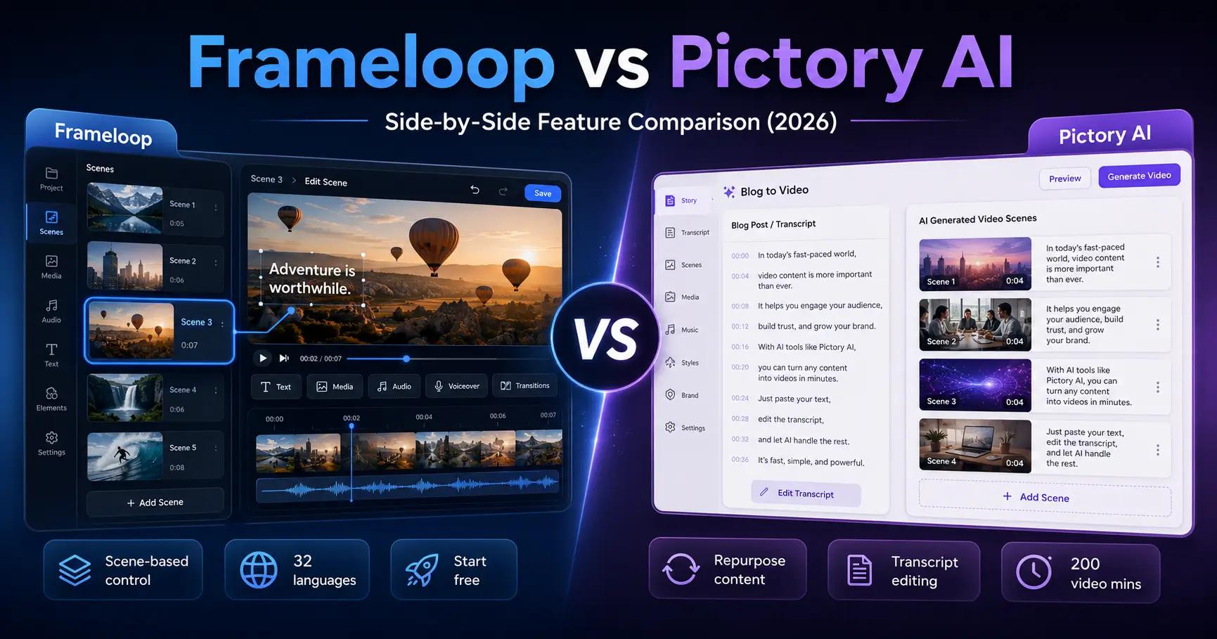 Frameloop vs Pictory AI Side-by-Side Feature Comparison (2026)