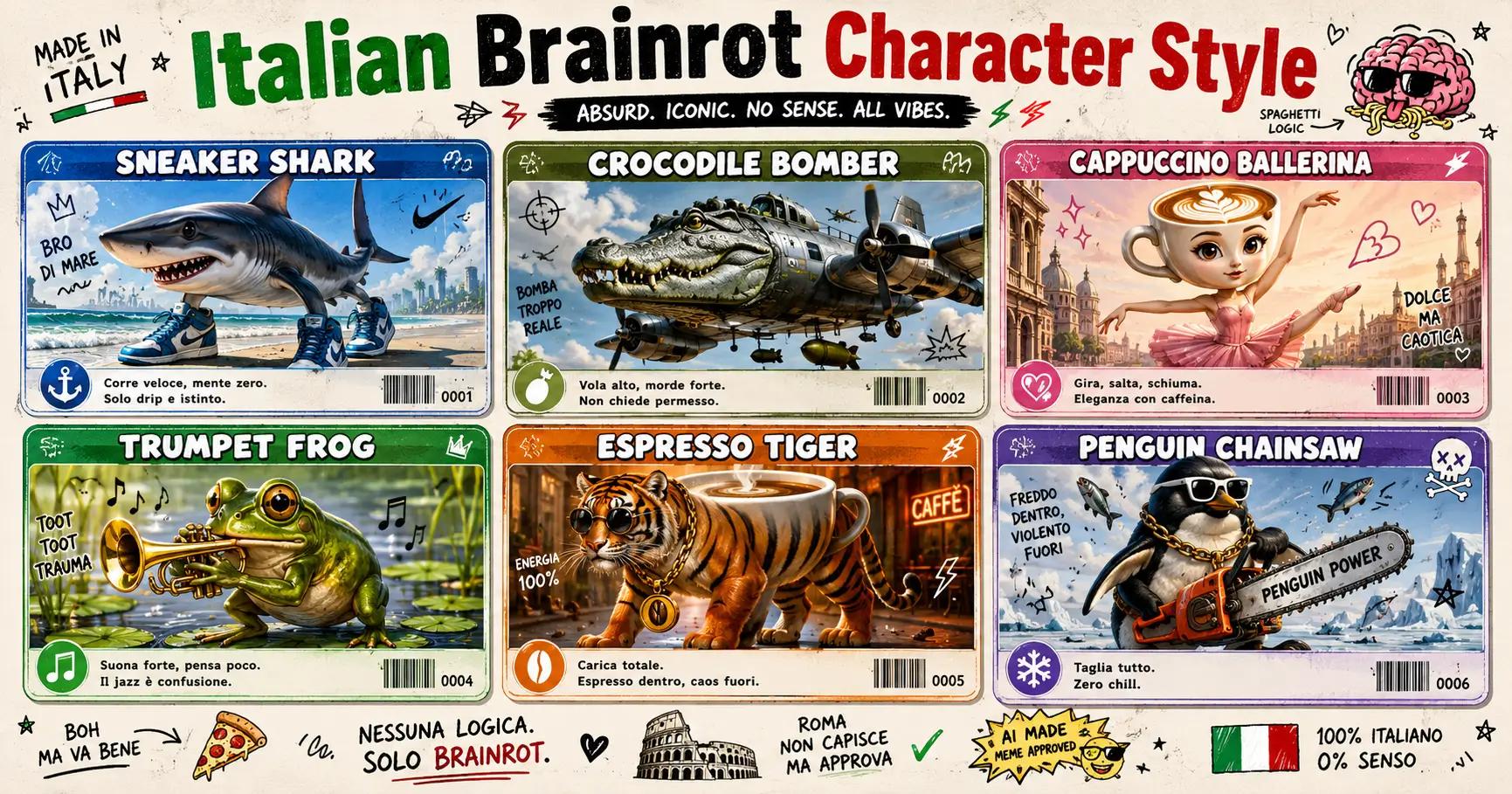 italian brainrot characters and names in AI meme style