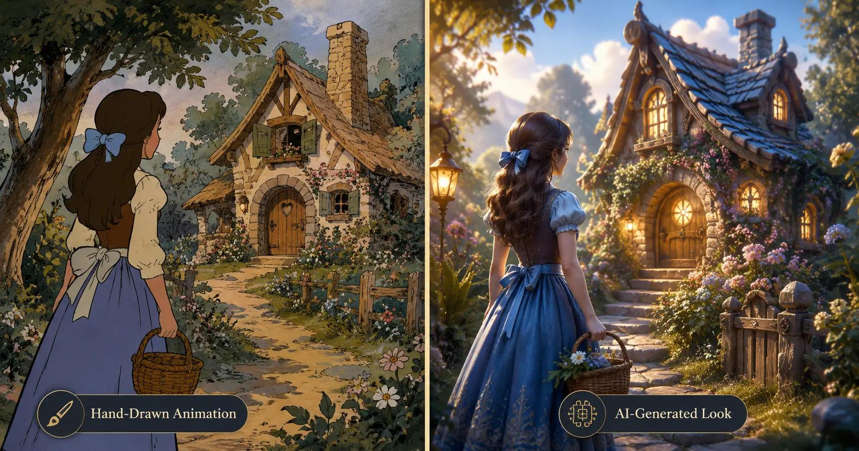 ai disney movies comparison of hand-drawn animation and ai generated art