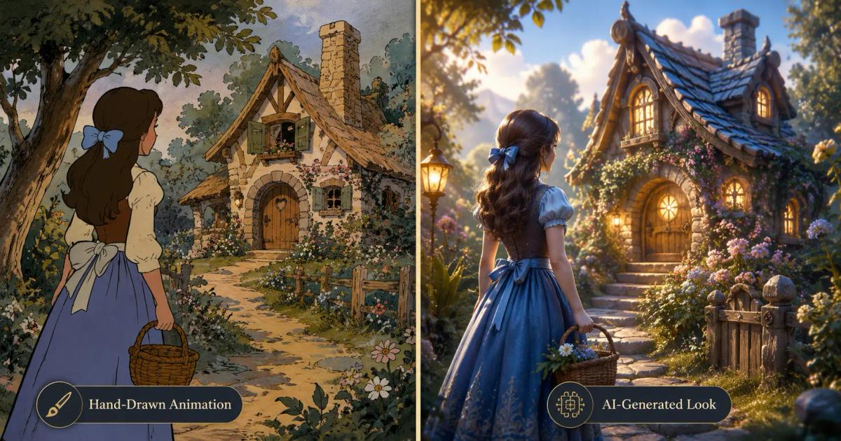 ai disney movies comparison of hand-drawn animation and ai generated art