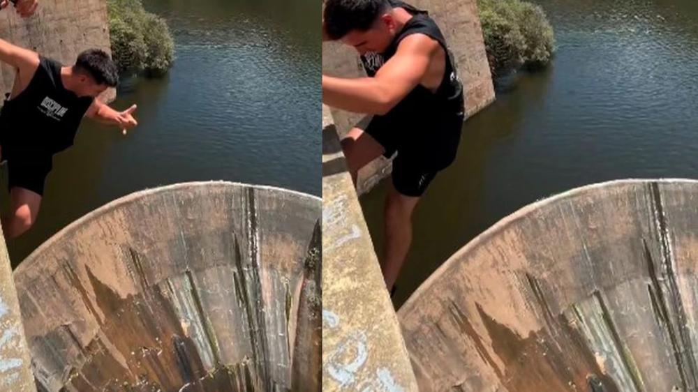 Acto de imprudencia: Turista desafía la seguridad al colgarse del paredón del Dique San Roque