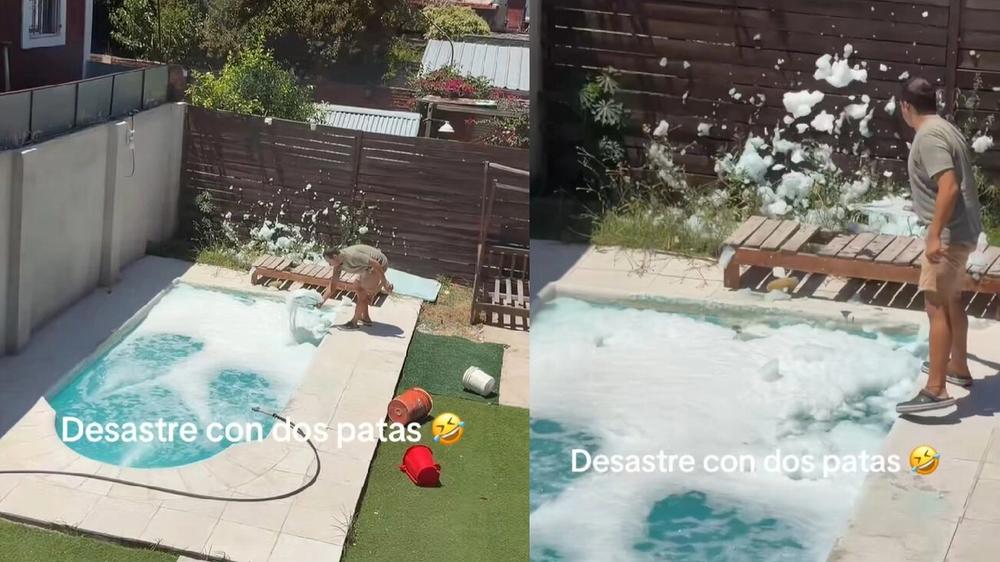 Intento de limpieza de piscina culmina en inusual escenario espumoso