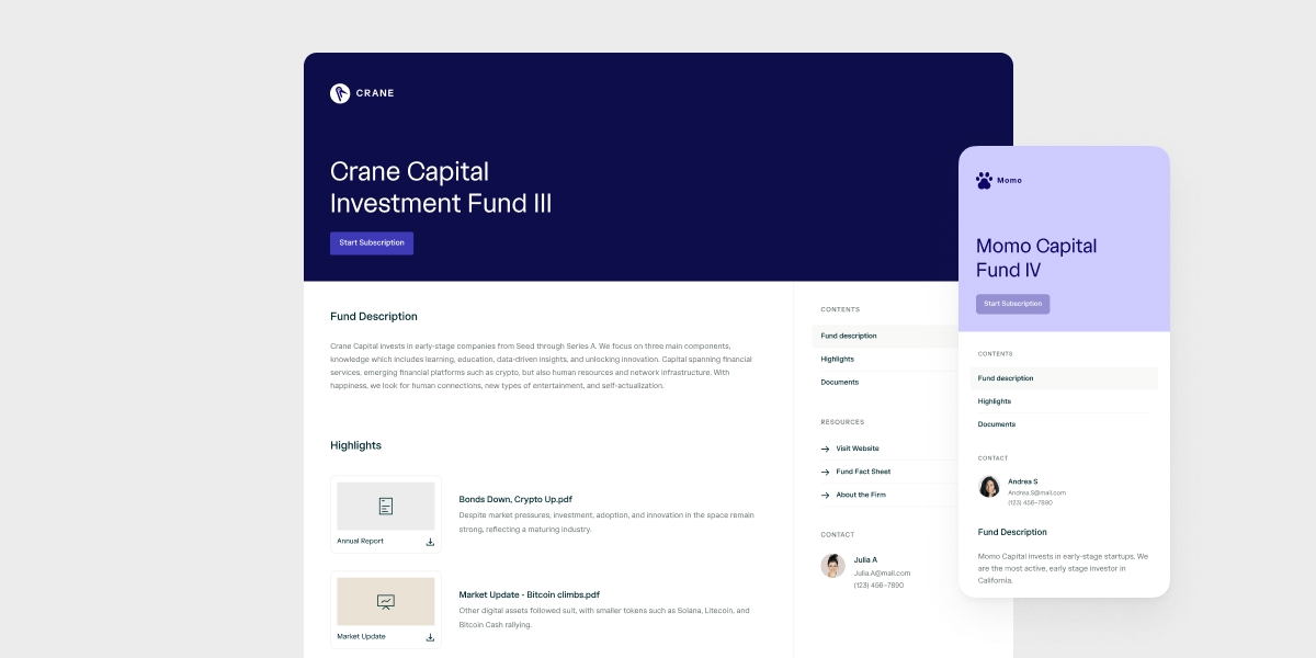 Data Room's branded fund overview page