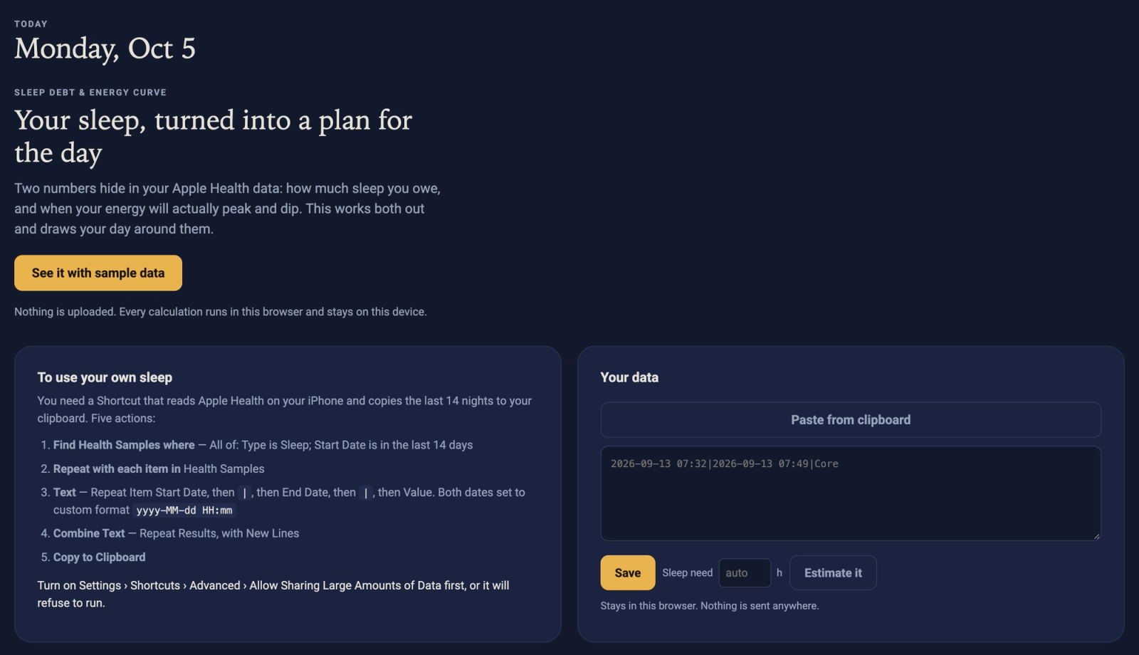 Start screen for the sleep dept app