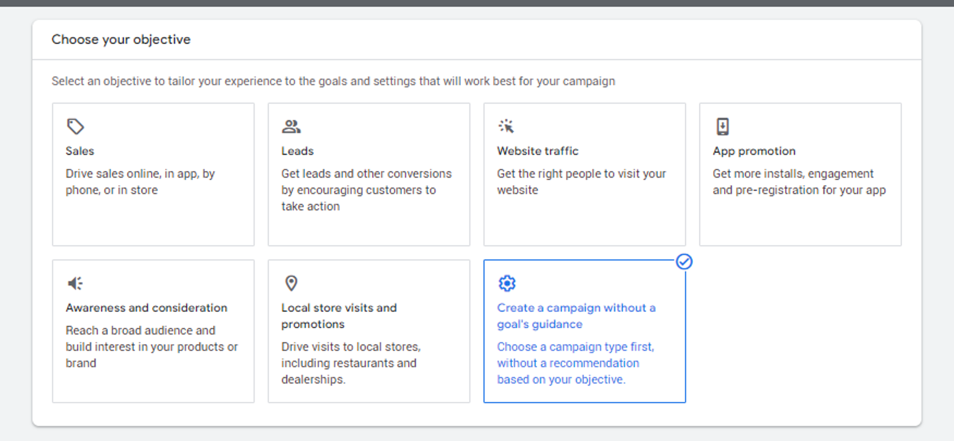 Google Ads choosing a campaign objective