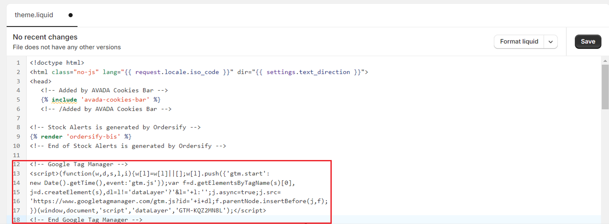Pasting the code into <head> using GTM
