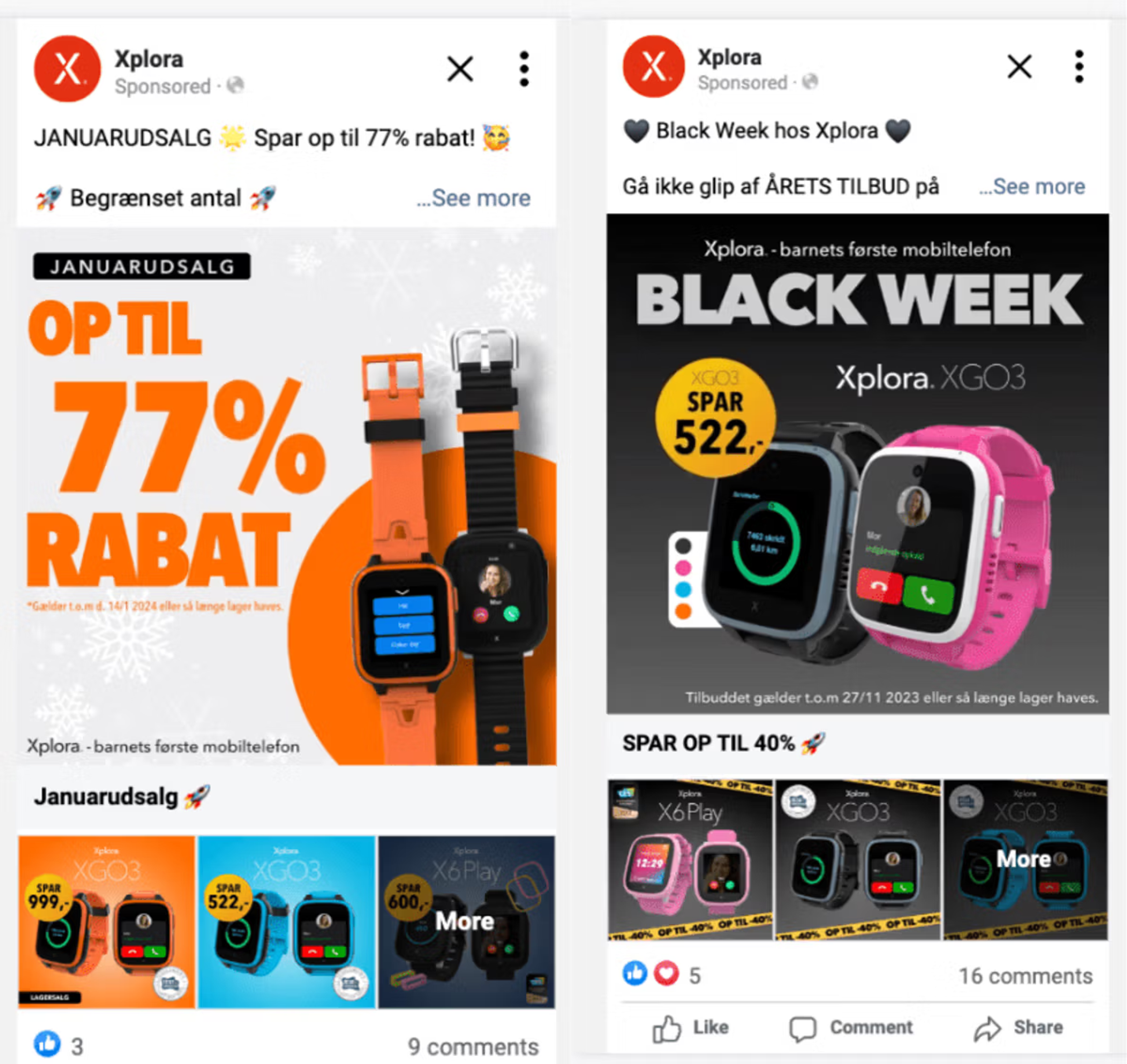 Two Xplora Facebook ad examples. Left: January sale ad promoting up to 77% discount on Xplora XGO3 and X6Play smartwatches for kids, valid until January 14, 2024. Carousel shows three products with savings of 999, 522, and 600 kr. Right: Black Week ad for Xplora XGO3 — save 522 kr, up to 40% off, valid until November 27, 2023. Shows XGO3 in black and pink colorways. Both ads tagline: 'Xplora — barnets første mobiltelefon' (the child's first mobile phone)