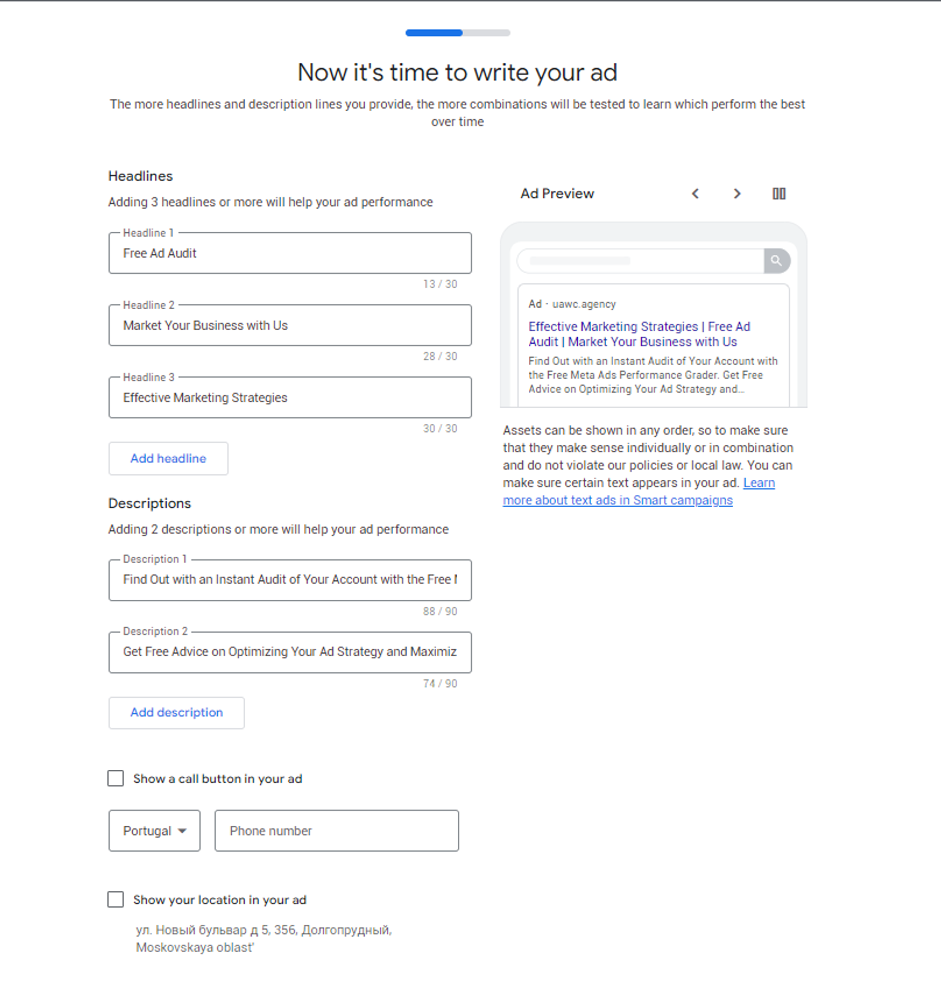 Google ads creating ads for an ad campaign