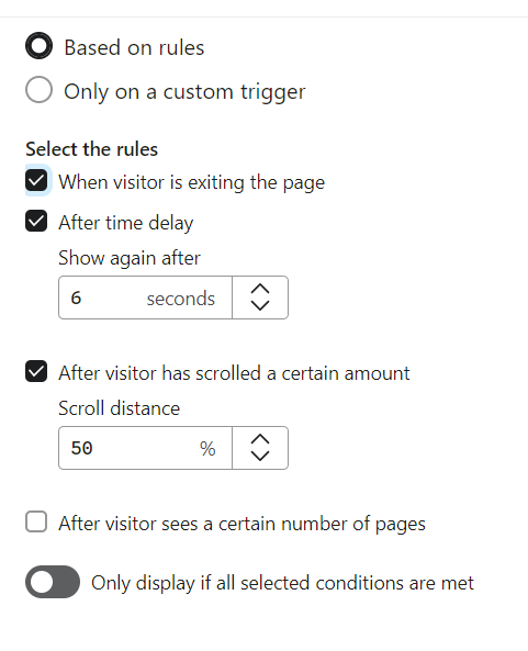 Popup form settings showing trigger rules: exit intent, 6-second delay, and 50% scroll, with option to display only if all conditions are met.