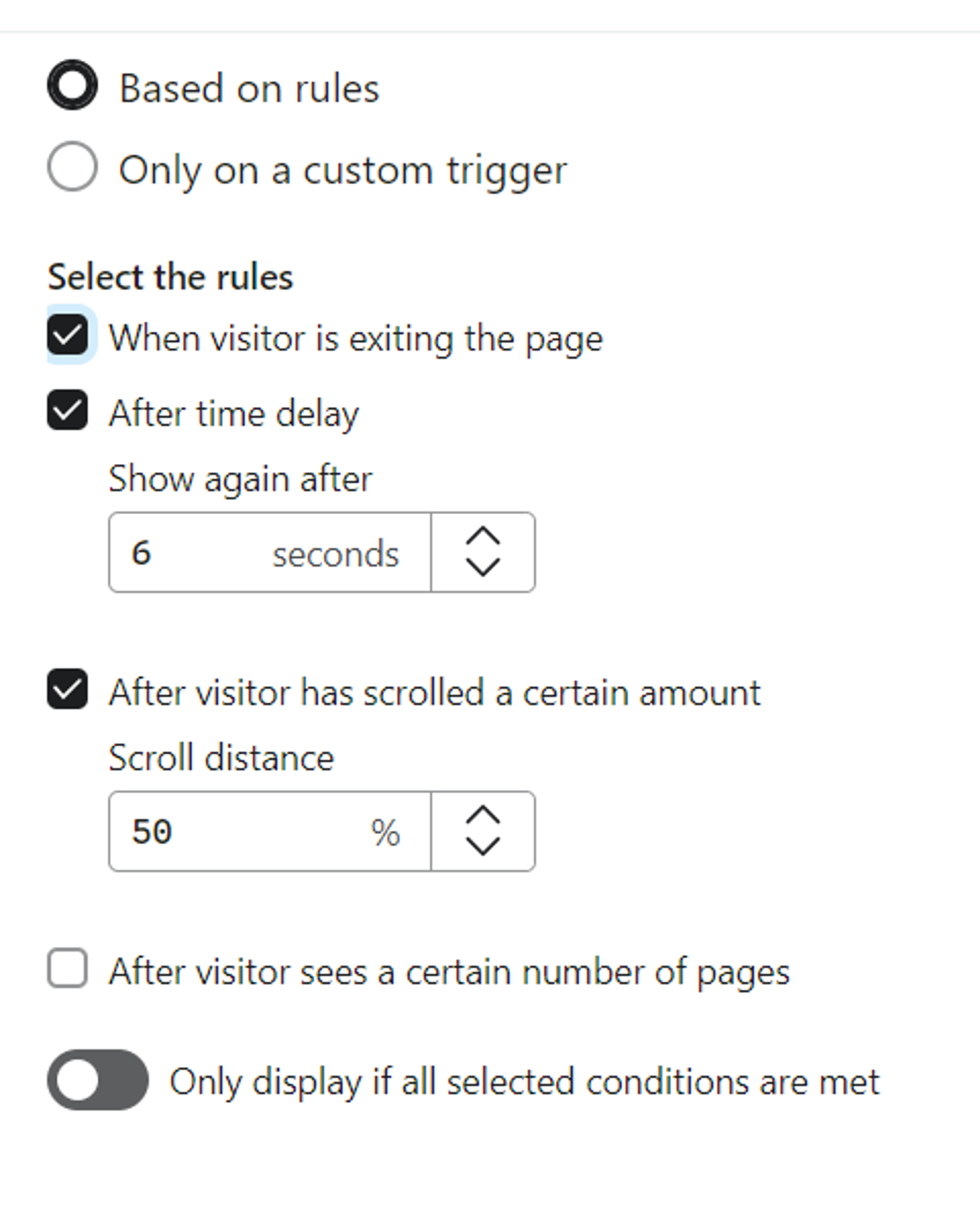 Popup form settings showing trigger rules: exit intent, 6-second delay, and 50% scroll, with option to display only if all conditions are met.