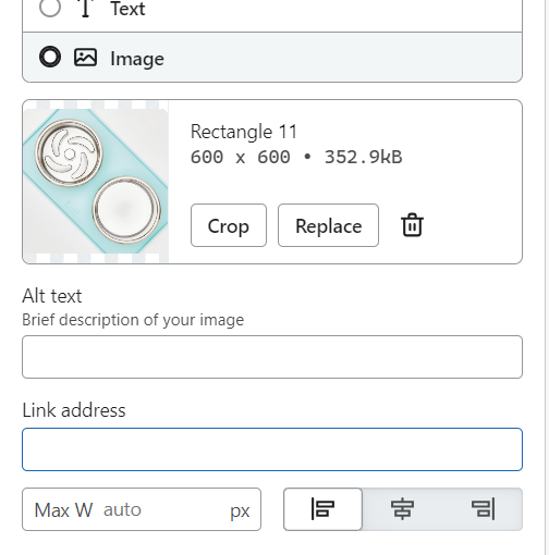 Klaviyo email editor interface showing image settings for spill-proof magnetic bowls. Options to crop, replace, or delete. Max image width set to 'auto'.