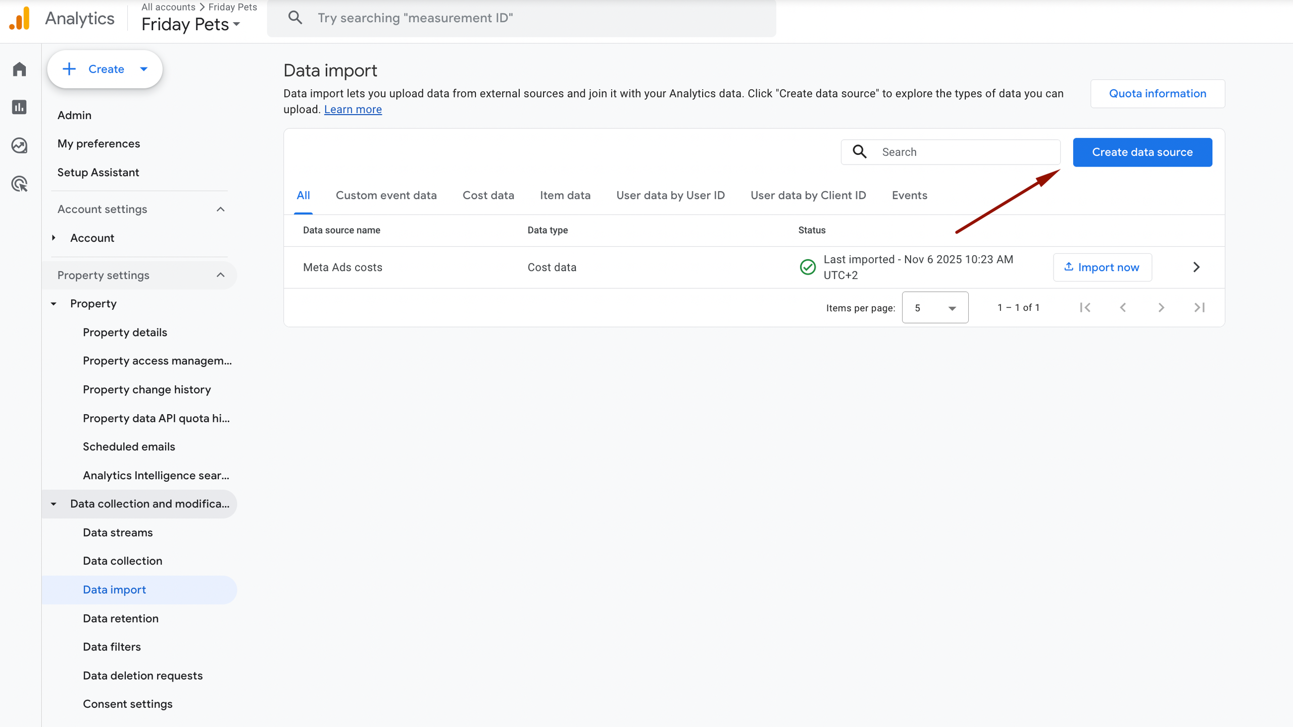 GA4 Data Import screen showing existing Meta Ads cost data source and option to create a new one