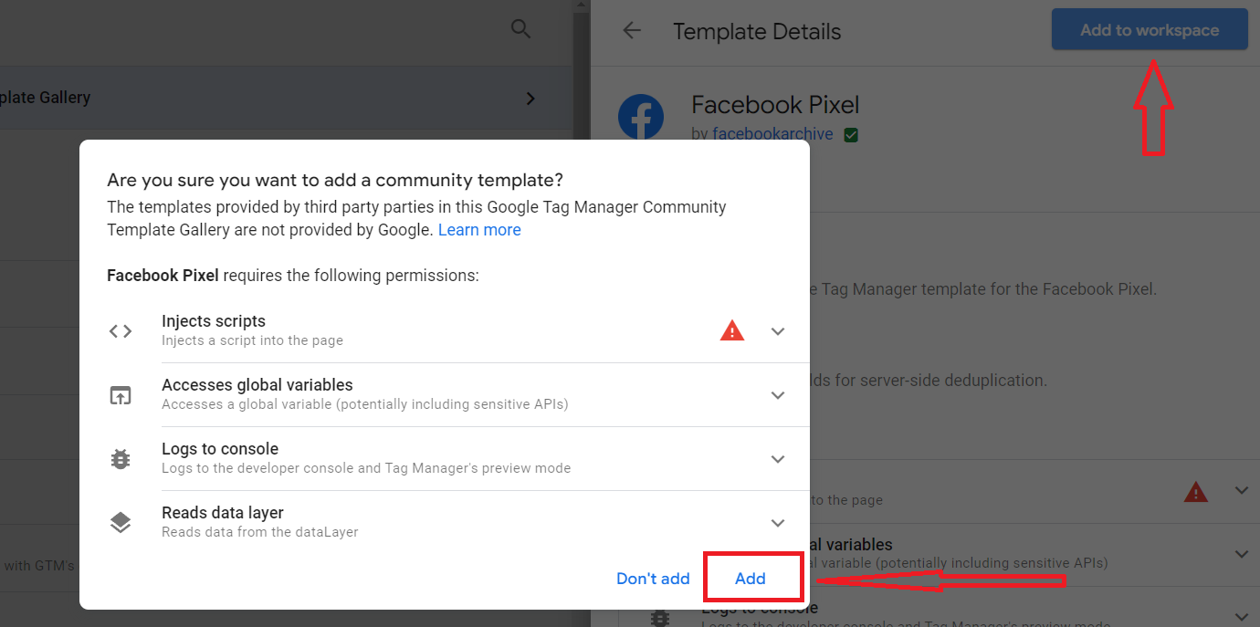 GTM adding tag to workspace