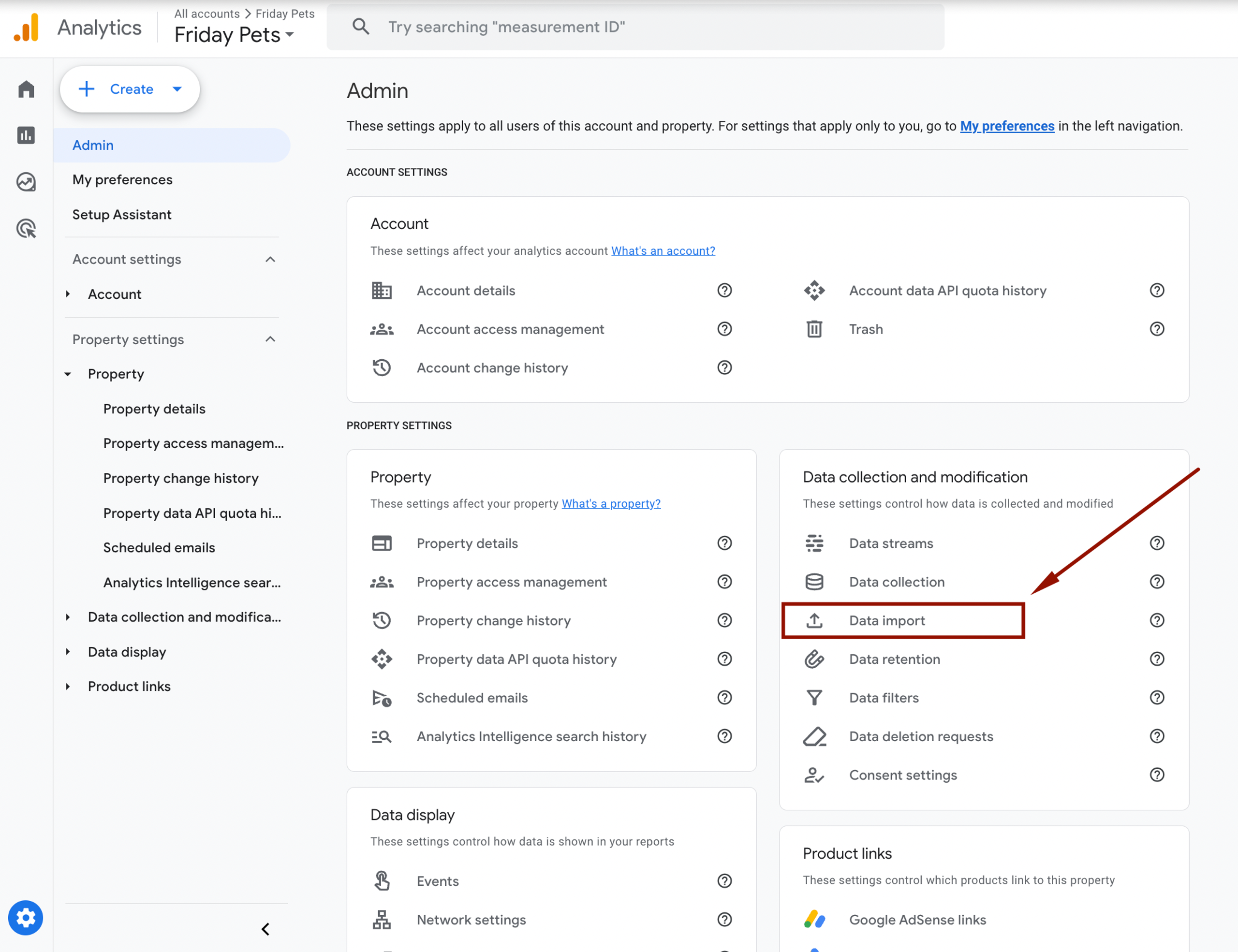 GA4 Admin panel showing the Data Import section where external cost data is uploaded