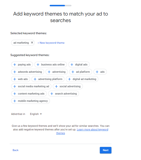 Google ads choosing keyword themes for an ad campaign