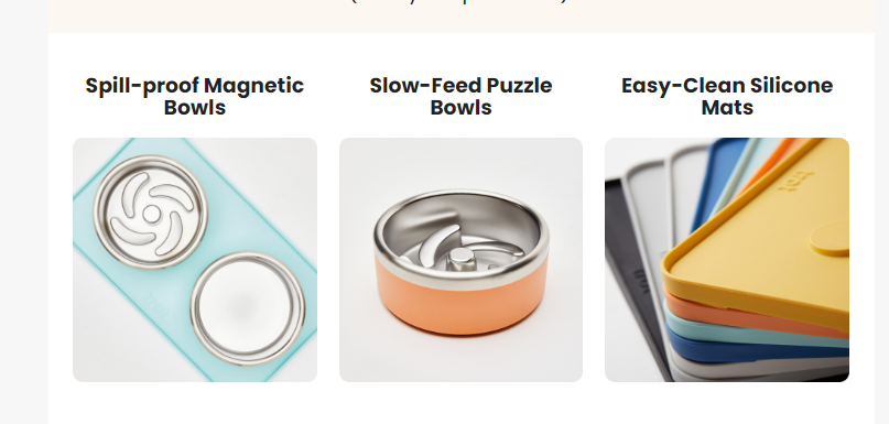 Email product showcase featuring three pet accessories: spill-proof magnetic bowls, slow-feed puzzle bowls, and easy-clean silicone mats, each with a corresponding product image.