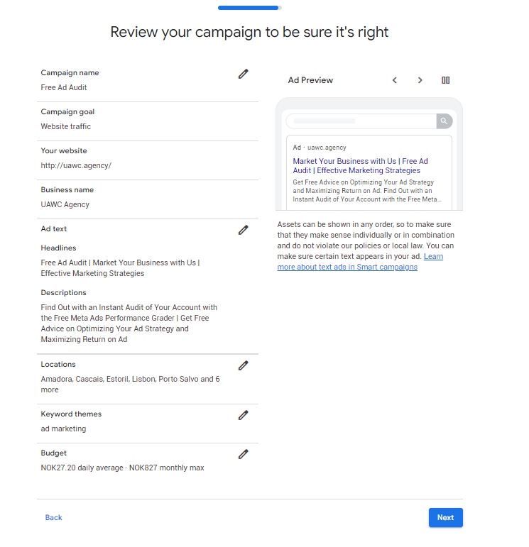 Reviewing a campaign before launch in Google Ads