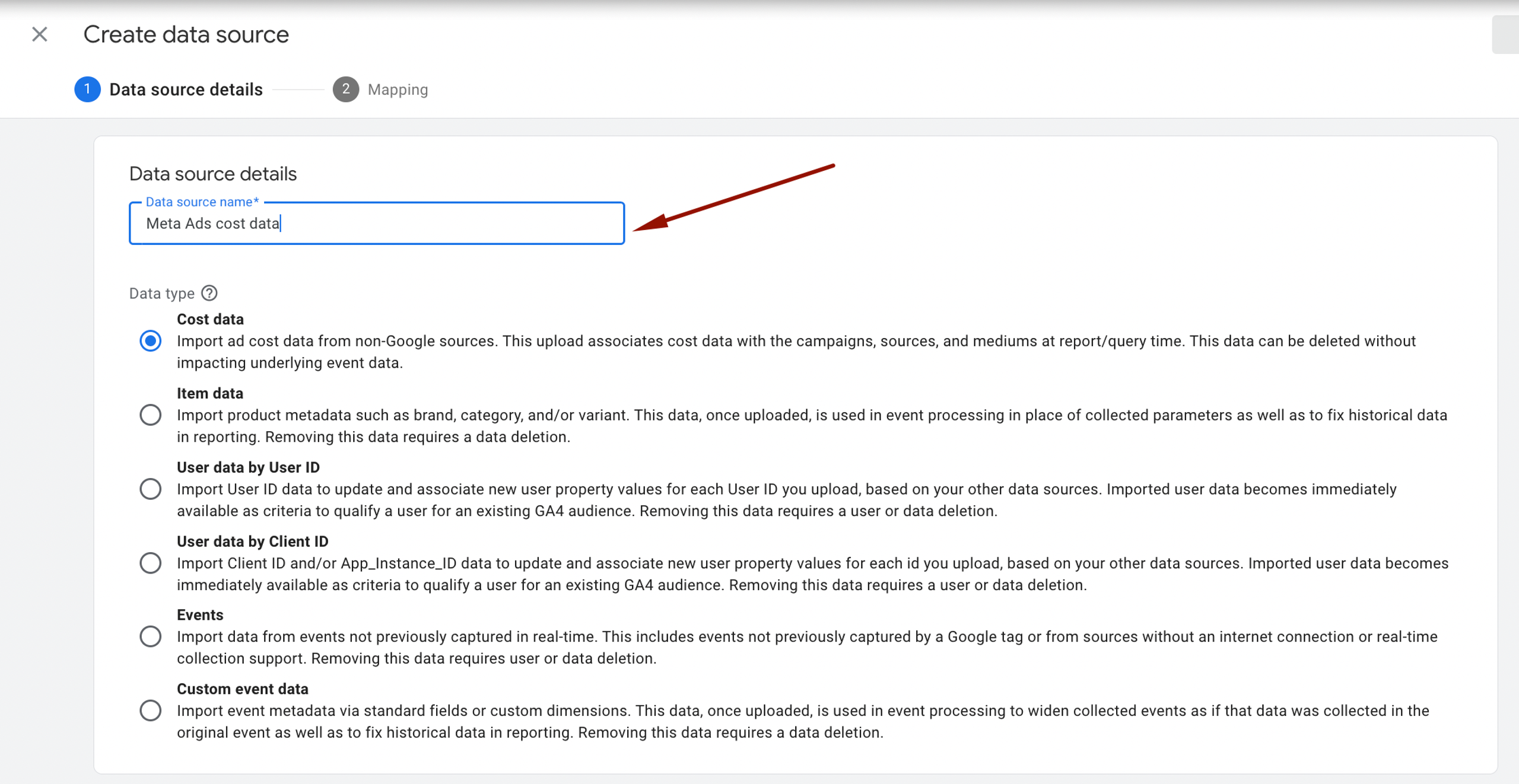 GA4 Create Data Source form with Meta Ads cost data selected as the data type