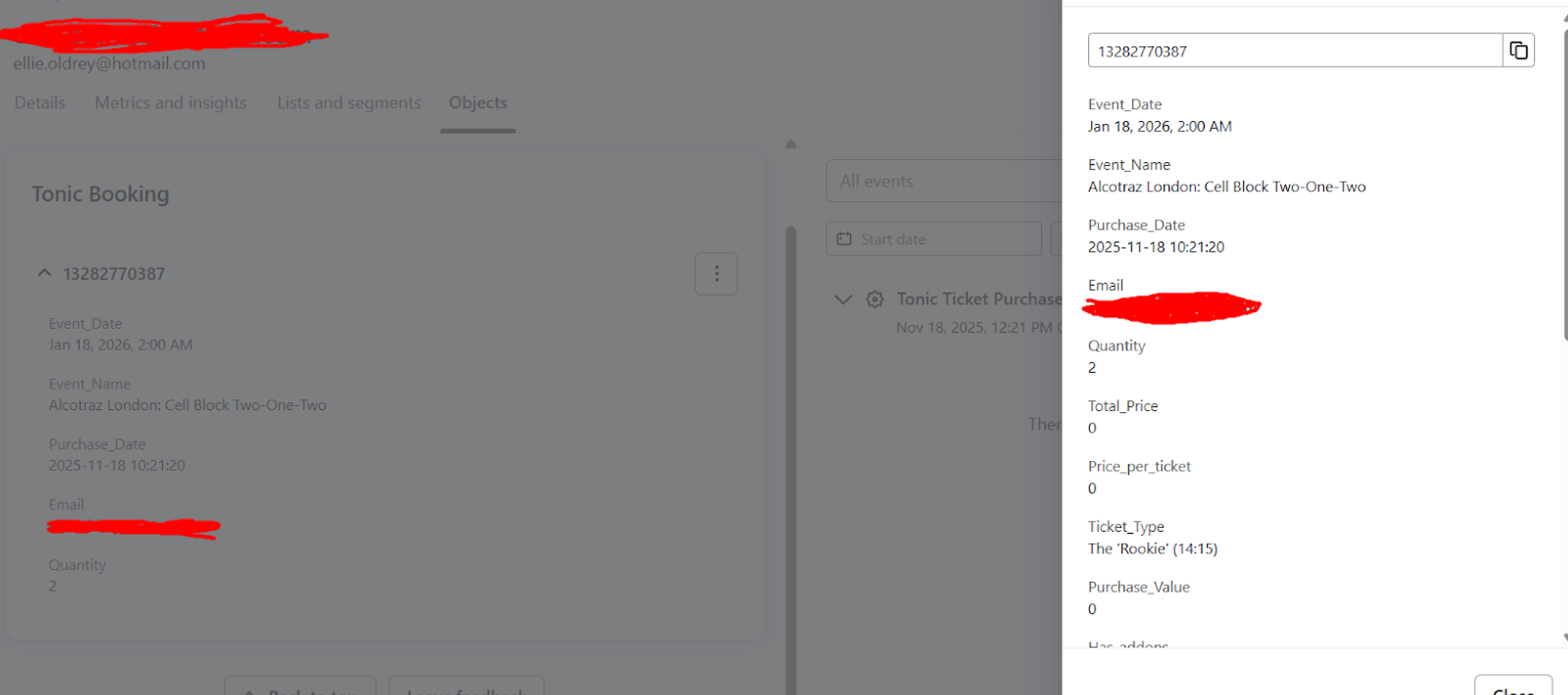 Booking object in Klaviyo profile