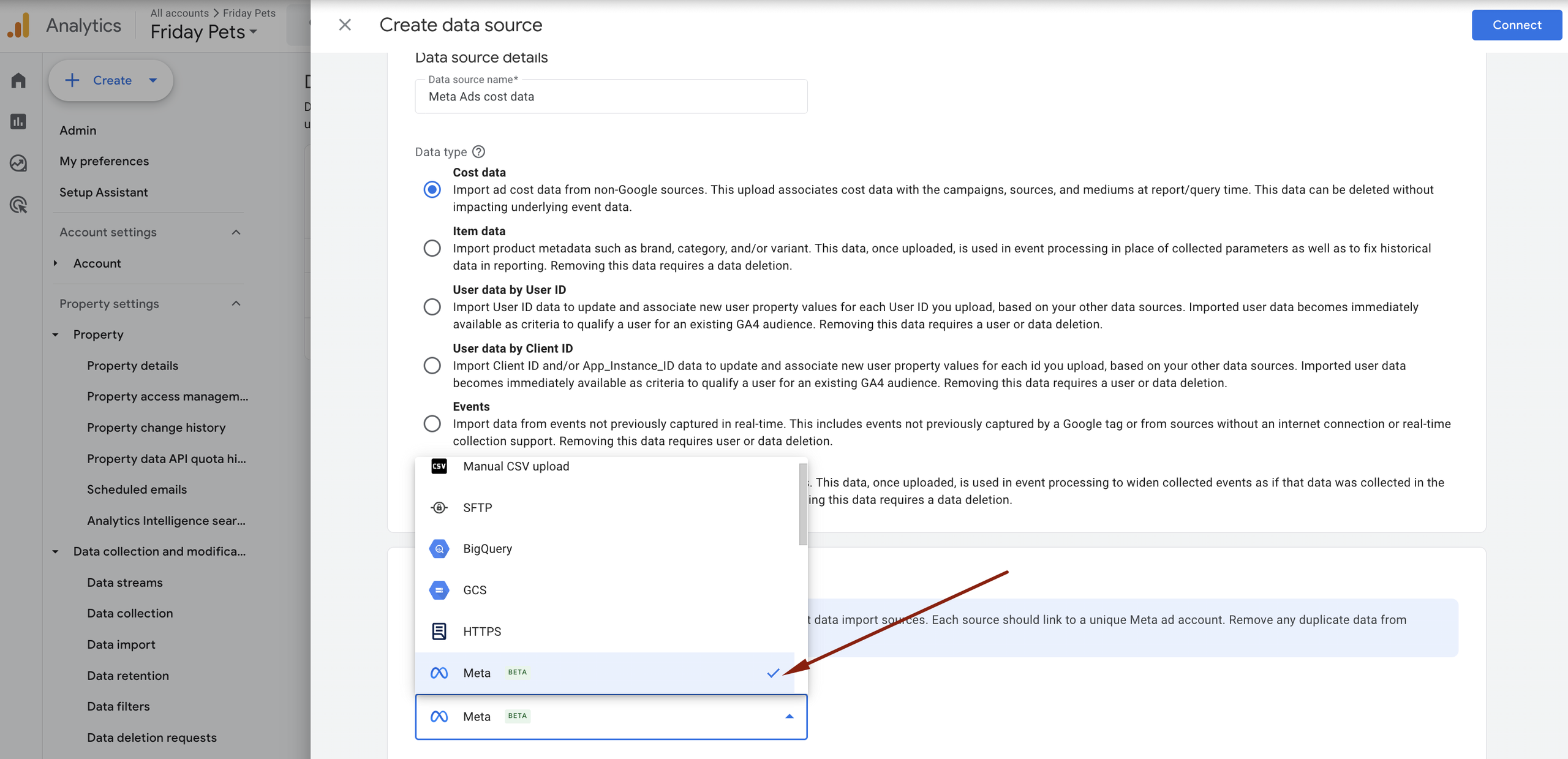 GA4 cost data import settings with Meta selected as the data source