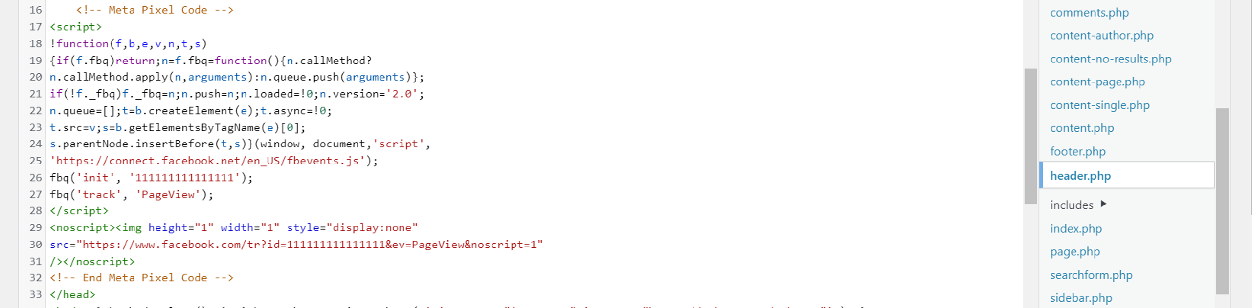 Meta pixel header WP