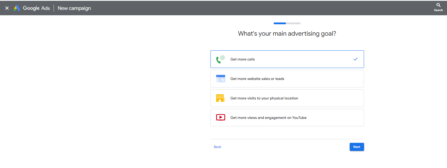 Google ads selecting an advertising goal
