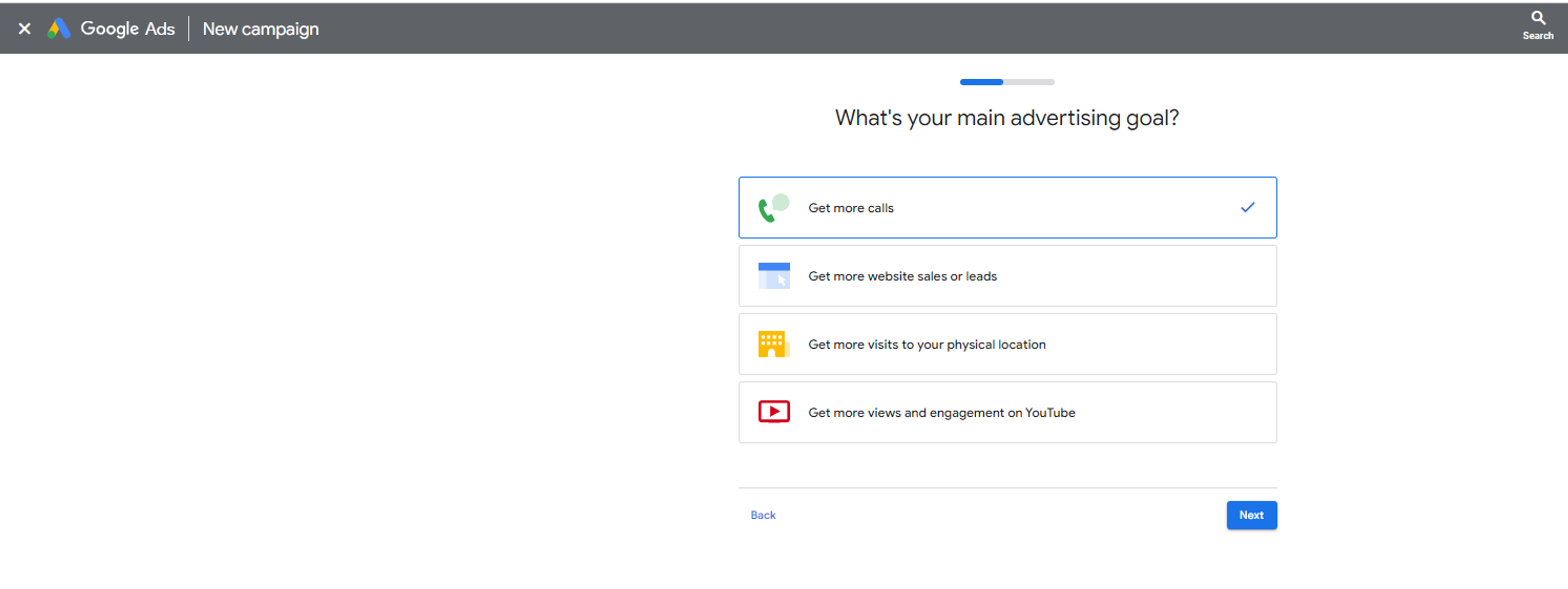 Google ads selecting an advertising goal