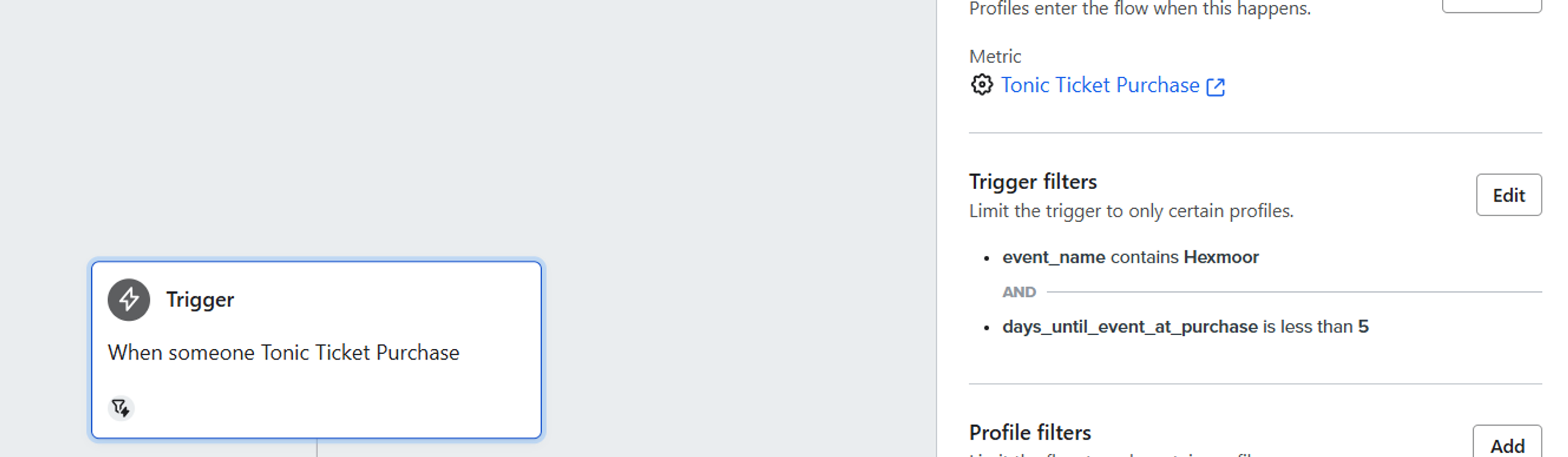 Klaviyo trigger for Tonic ticket purchase.