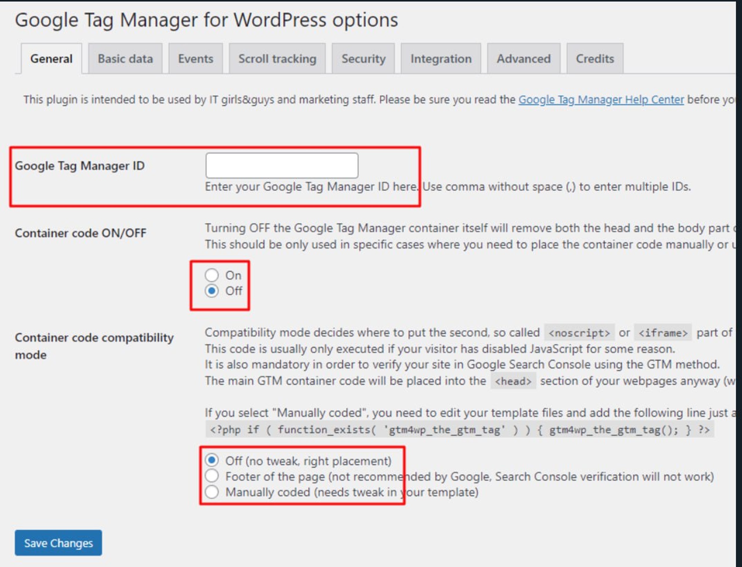 GTM for Wordpress options