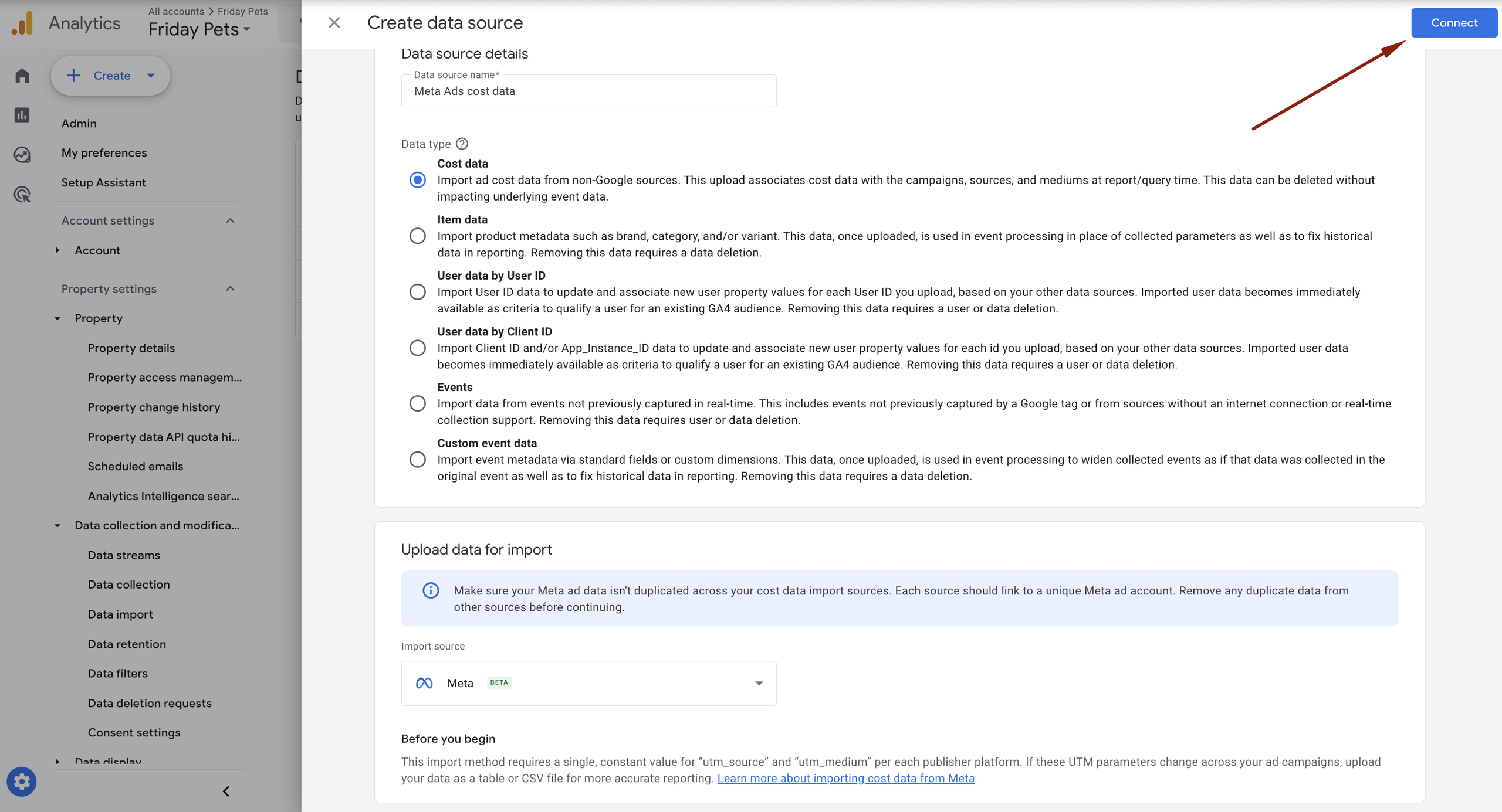 GA4 Create Data Source screen with Meta cost data selected and ready to connect