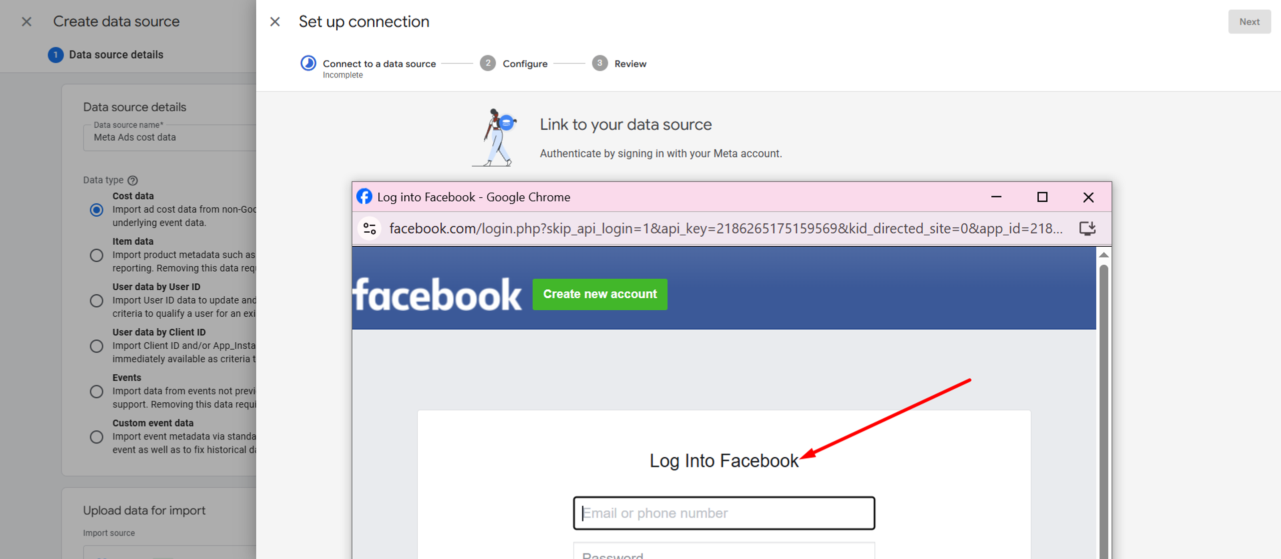 Meta cost data connection in GA4 requiring Facebook login authentication