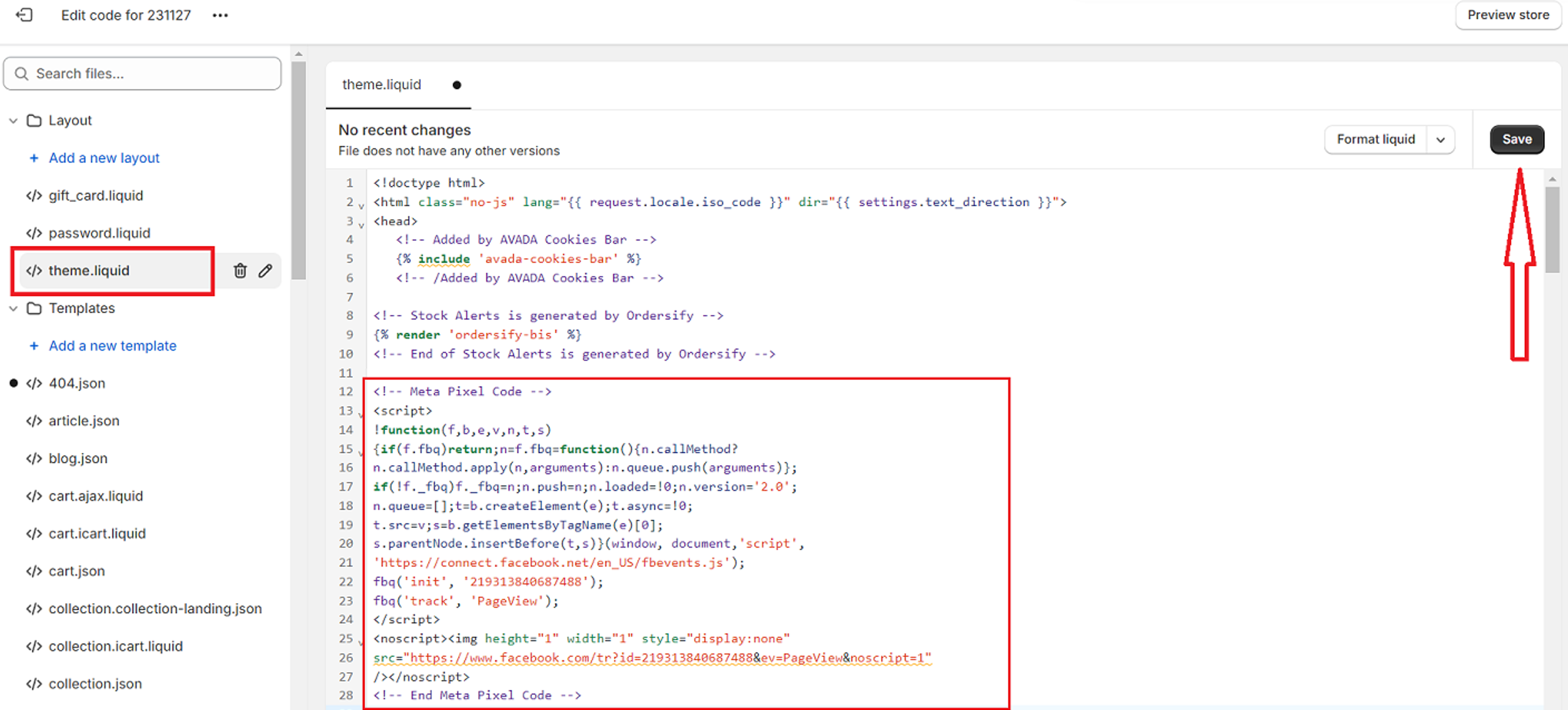 Pasting the code into <head>