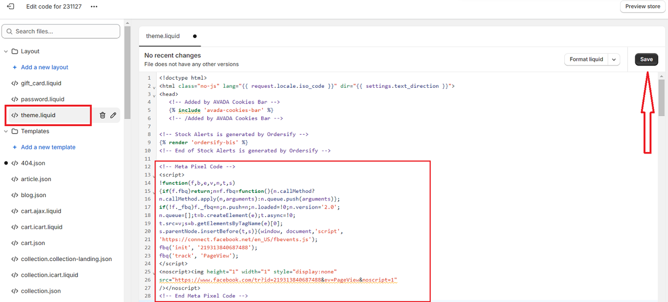 Pasting the code into <head>
