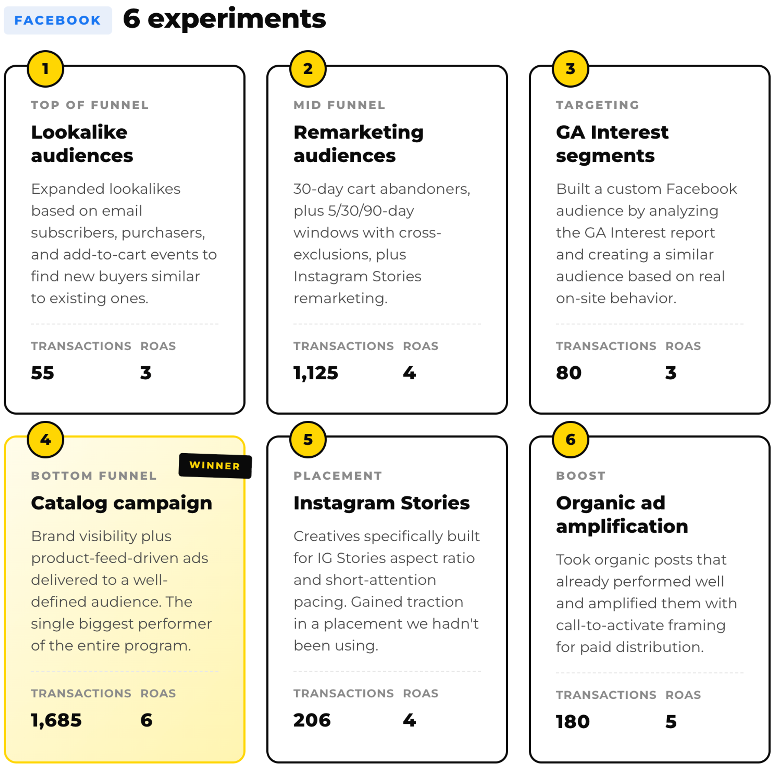 Facebook — 6 experiments: 1) Lookalike audiences — 55 transactions, ROAS 3; 2) Remarketing audiences (30/5/90-day windows) — 1,125 transactions, ROAS 4; 3) GA Interest segments — 80 transactions, ROAS 3; 4) Catalog campaign (WINNER, bottom funnel) — 1,685 transactions, ROAS 6; 5) Instagram Stories placements — 206 transactions, ROAS 4; 6) Organic ad amplification — 180 transactions, ROAS 5.