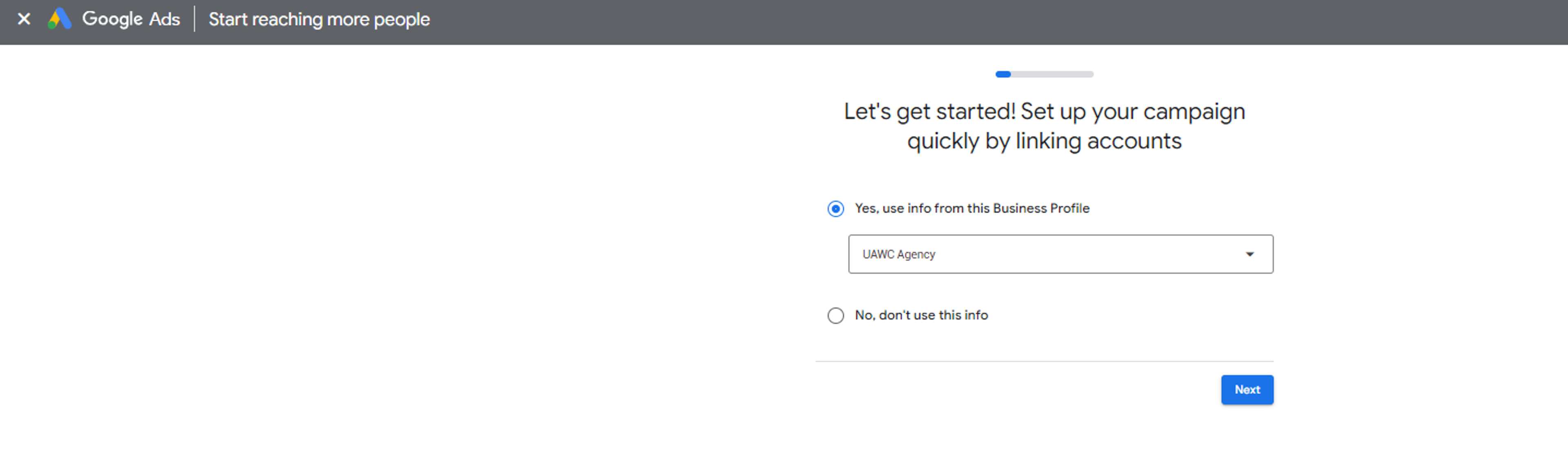 Google Ads selecting a business profile