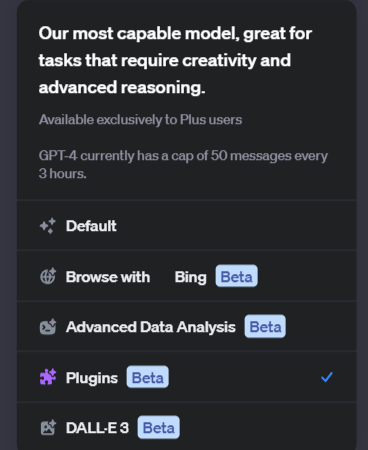 ChatGPT mode selectrion menu: Default, Browse with Bing, Advanced Data Analysis, Plugins, DALL-E 3