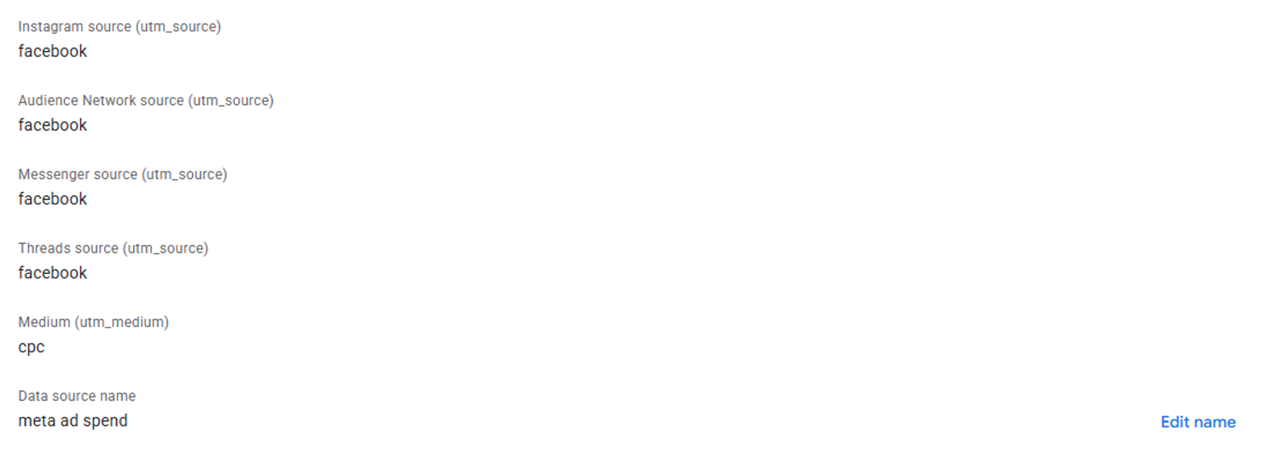GA4 Meta cost data mapping showing source values and data source name configuration