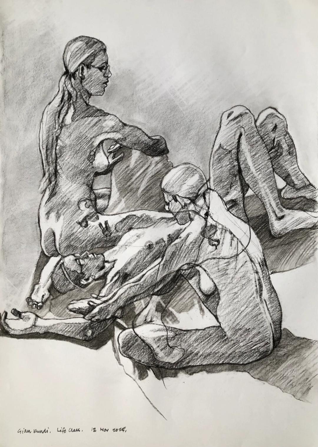 Charcoal life drawing of three nude figures in seated and reclining poses, inscribed "Gian Kundi, Life Class, 12 Nov 2025".