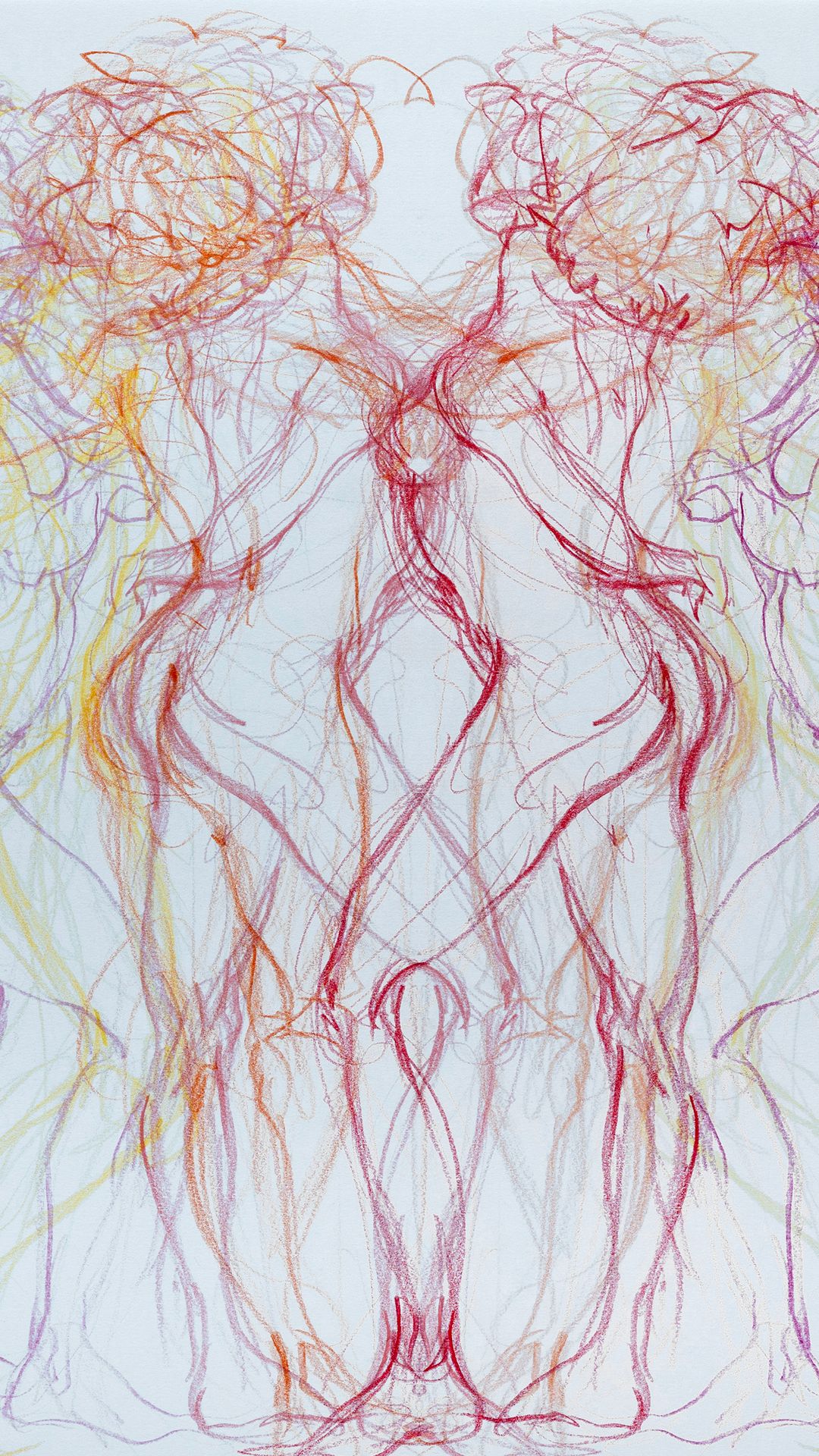 Mirrored crayon drawing of intertwined nude figures in layered red, orange and purple lines on a white background.