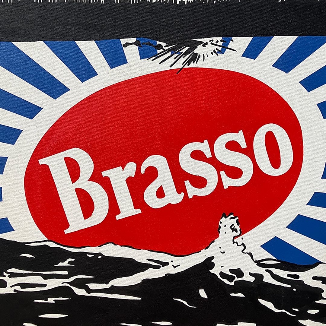 Pop-art style painting featuring the "Brasso" logo in white on a red oval with blue sunburst rays, over a black wave pattern.