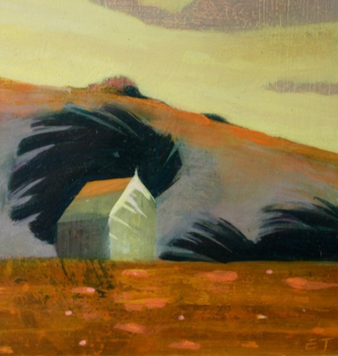 A painting in earth tones that is representative of a small windowless cottages style building in a hillside landscape. There is indication of wind movement in a tree and a dark sky.