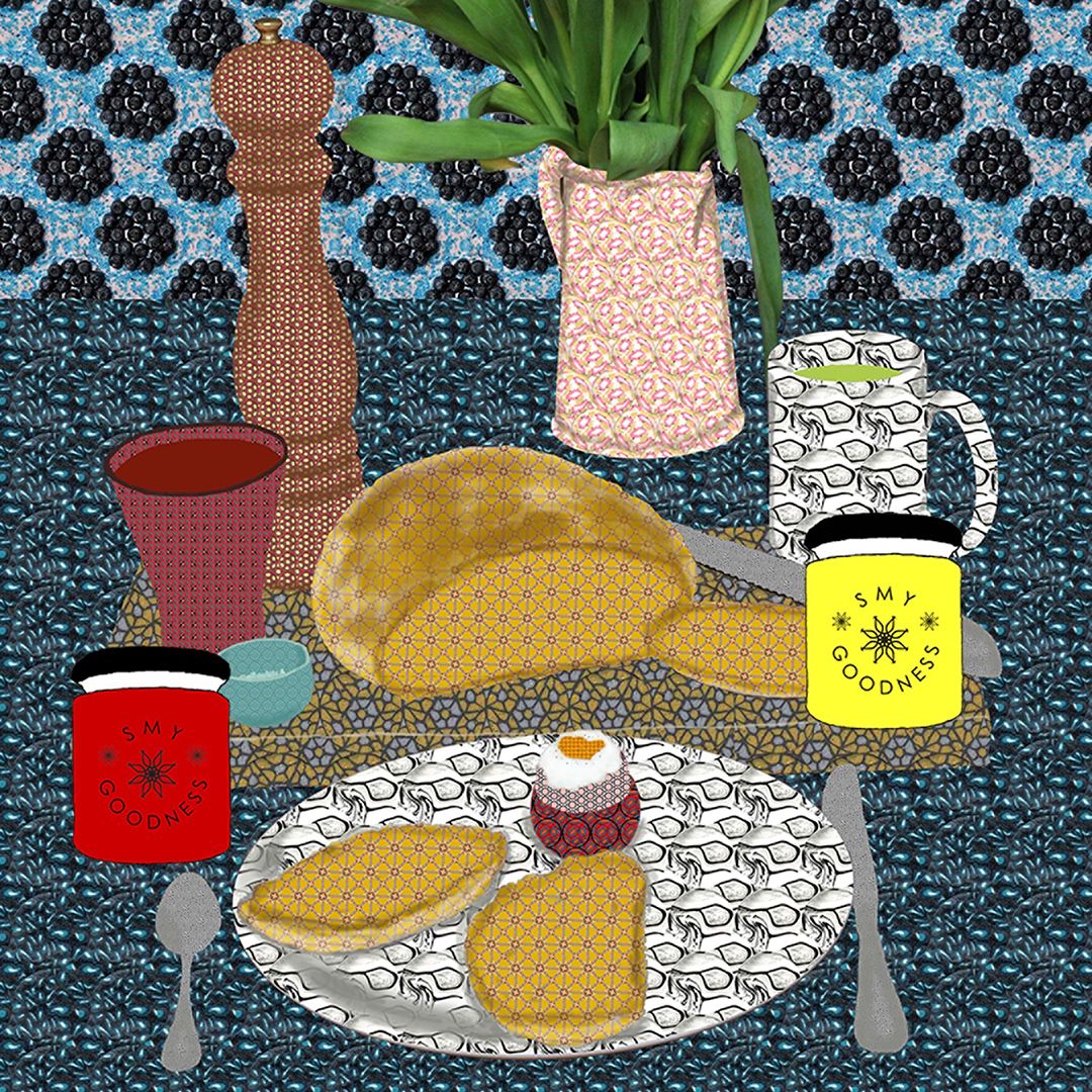 Patterned illustration of a breakfast table: toast on a plate, jam jar, bread loaf, pepper grinder, flowers in a jug, mug.