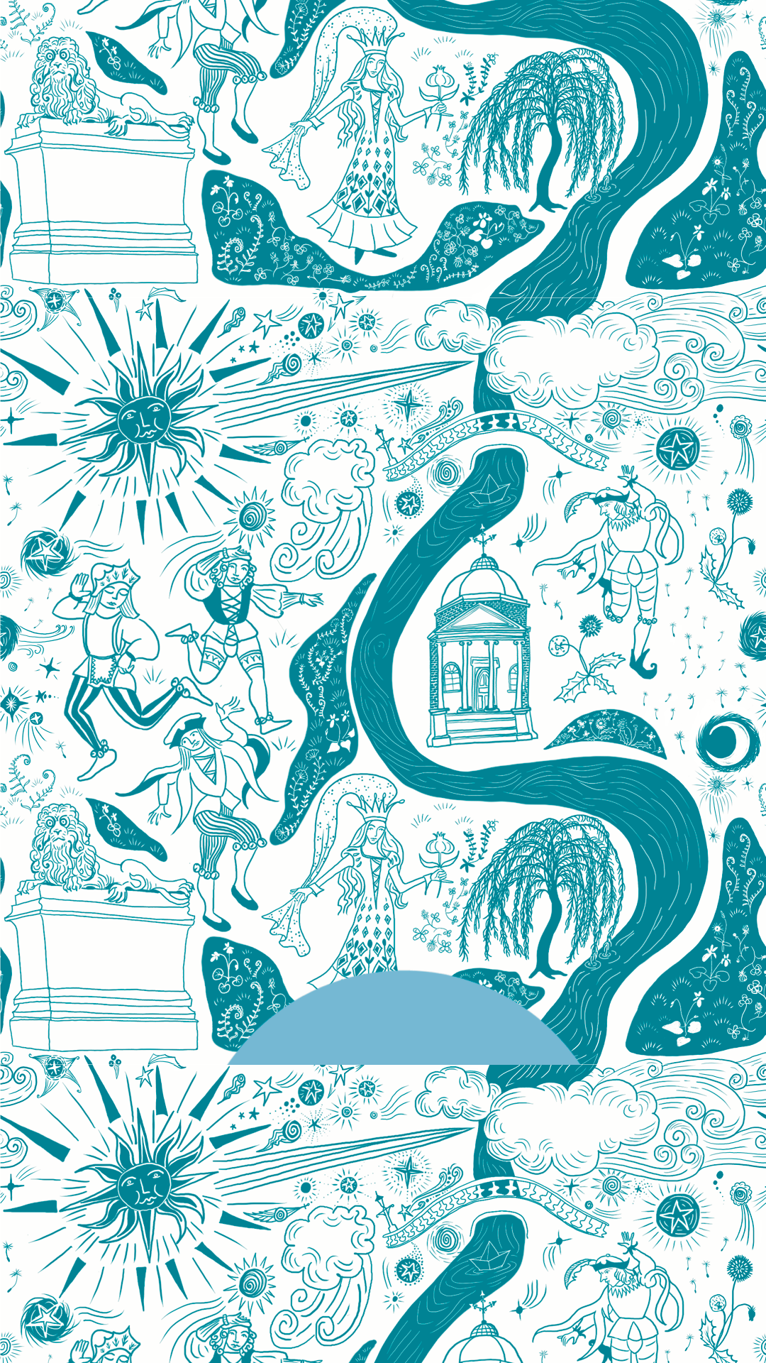 Teal storybook-style illustrated pattern: sun, stone lions, fairytale figures, willow trees, pavilion, river motif.