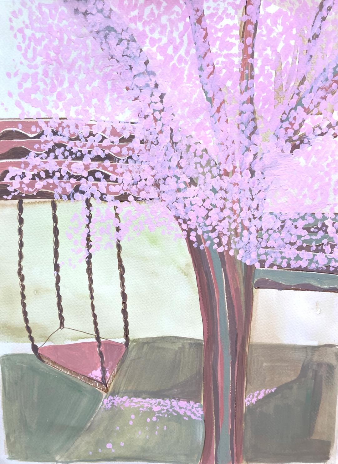 Painting of an empty garden swing beside a pink blossom tree in full bloom, petals scattered on the ground below.
