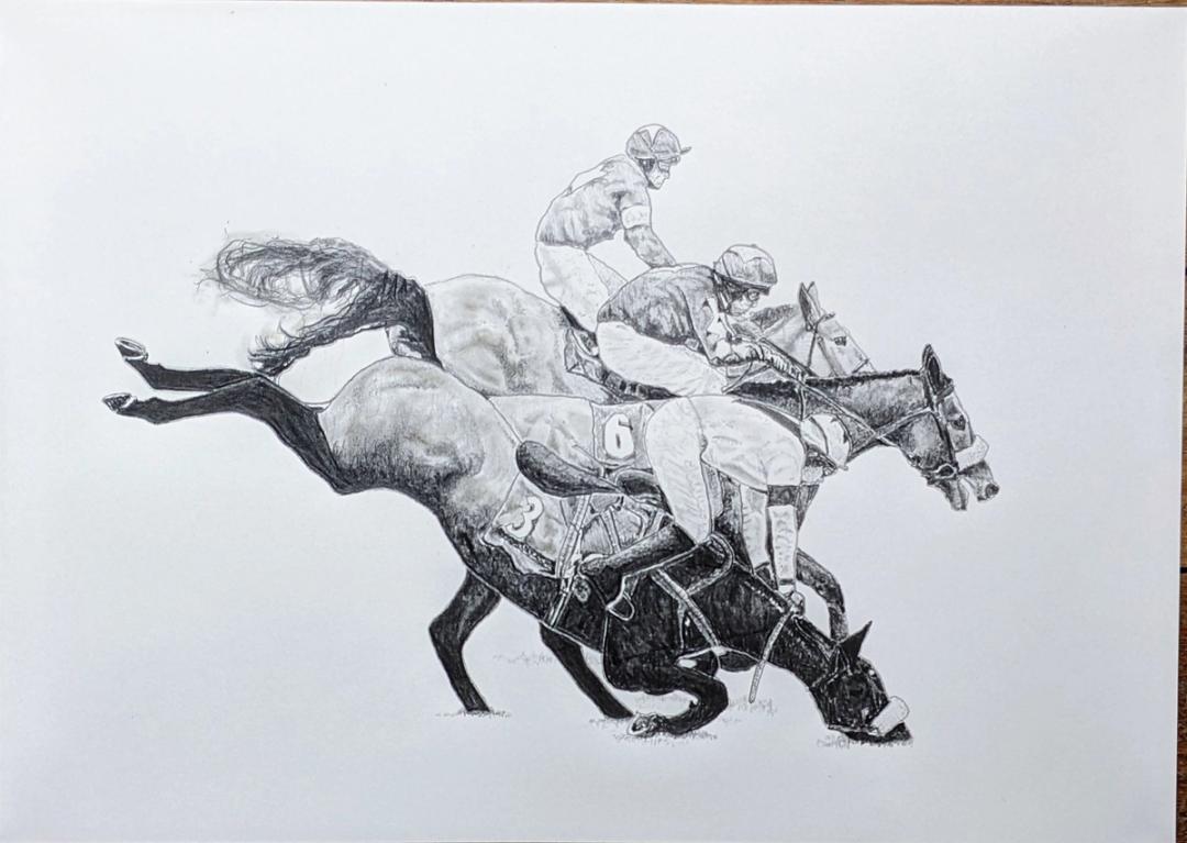 Pencil drawing of three racehorses mid-race, numbered 3 and 6, as the nearest horse face-plants the ground throwing its jockey.