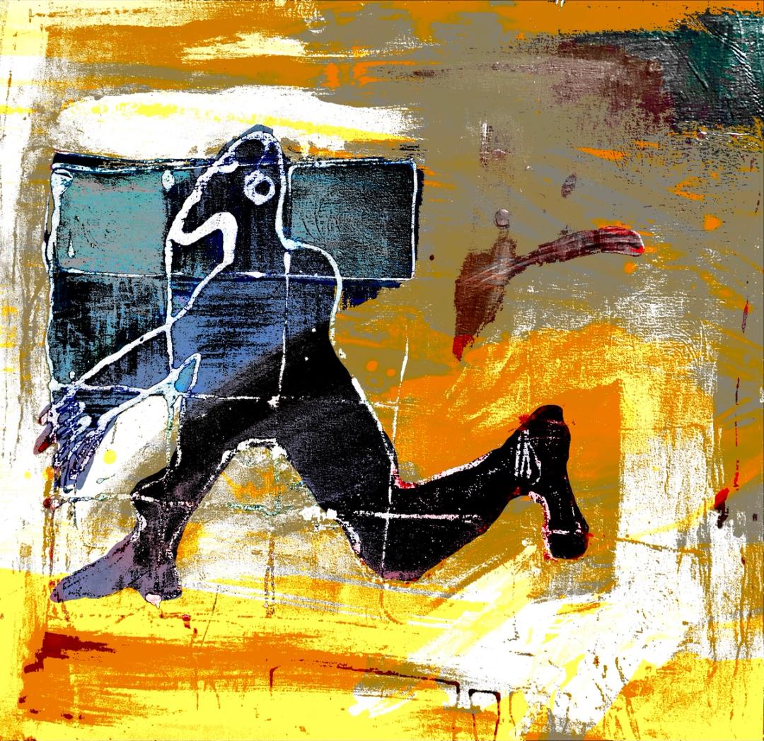 Mixed-media artwork of a running figure with a rectangular head wearing earphones, on a loose yellow and ochre painted background.