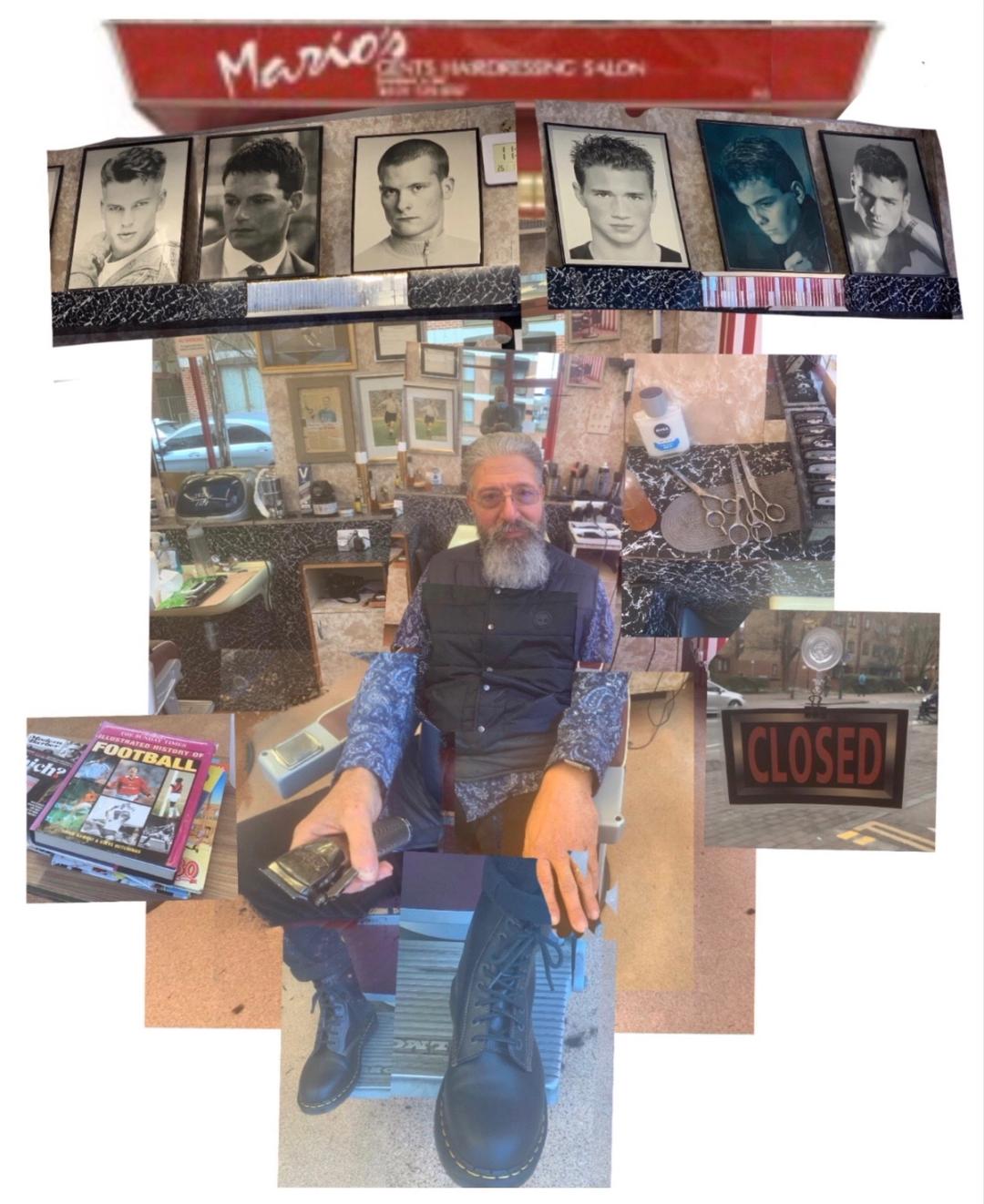 Photo collage of Mario's Gents Hairdressing Salon: a bearded barber seated in his chair, vintage hairstyle portraits above, scissors and a Closed sign.